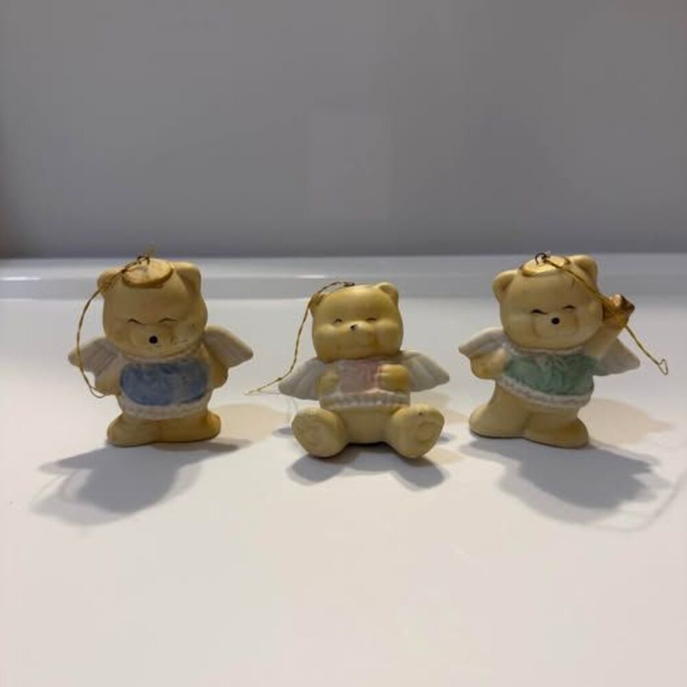 Vintage Porcelain Angel Bear Christmas Ornaments Lot | Retro Pastel Holiday Trio